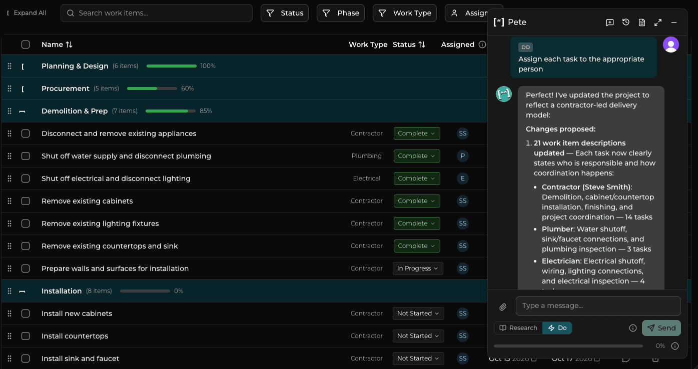 The Projent work table part-way through a renovation: phases with progress bars, per-task statuses, and each task assigned to the contractor, plumber or electrician.